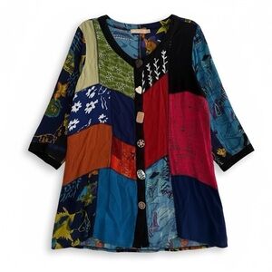 La Cera Patchwork Funky Button Tunic Top Size L Boho Artsy Eclectic Indie Hippie